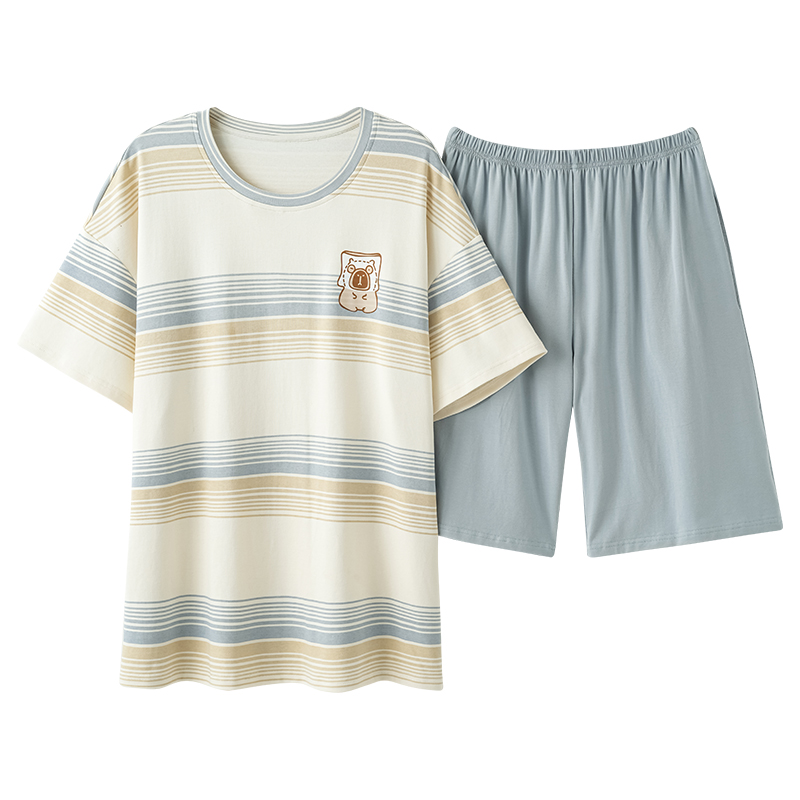CHINEE Summer Crew Neck Short Sleeve Cotton Pajama Set for Men Comfortable Two-Piece Sleepwear Set