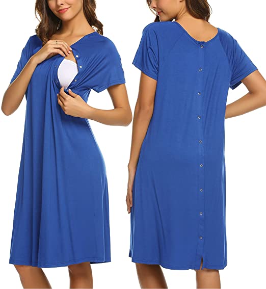 CHINEE Summer Dress Women Breastfeeding Nursing Dress and Hospital Nightdress Short Sleeve Maternity Nightgown