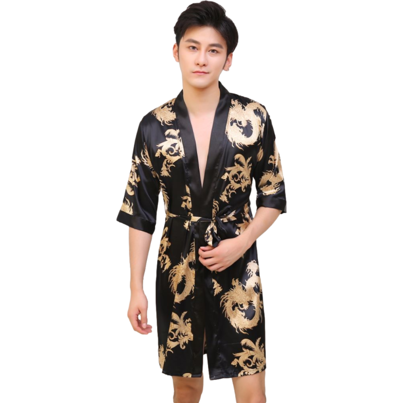 CHINEE Summer Men's Satin Robe Satin Pajamas Sleepwear Dragon Luxurious Silk Spa Robe Long Sleeve Evening Wear Men Kimono Bathrobe Robe