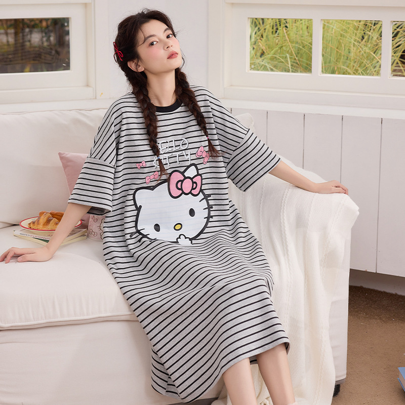 CHINEE Summer New Casual Women's Pajamas Short-sleeved Striped Cartoon Cute Mid-length Nightdress Korean Style Loose Cotton Home