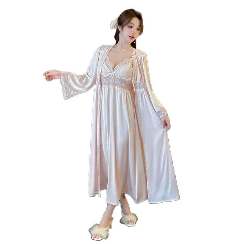 CHINEE Summer New Ice Silk Women's Nightgown Elegant Halter Nightdress Long sleeved Robe Two piece Pajamas Sexy Lace Long Nightgown