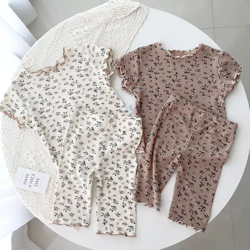 CHINEE Summer New Kids Pajamas Short Sleeved Floral Print T Shirt Pants Two Piece Suit Baby Sleep Wear Little Girl Clothing Set