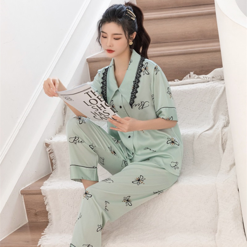 CHINEE Summer New Women's Night Suit Lapel Shirt Short Sleeved Pajamas Ice Silk Sexy Lace Girls Night Casual Plus Size Sleepwear