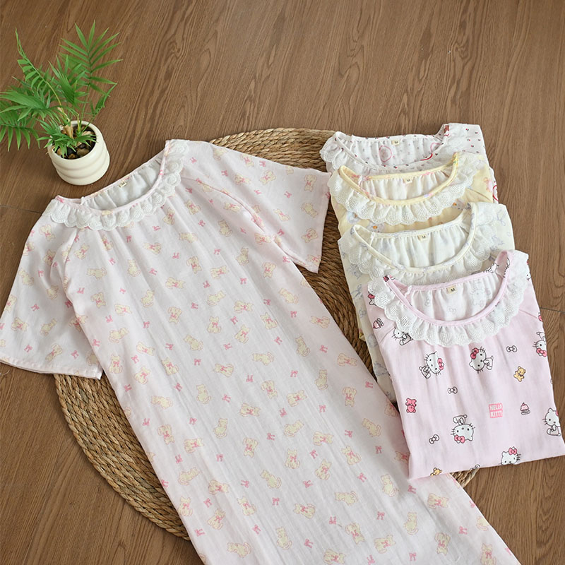 CHINEE Summer Nightgown Elegant Lace Trim 100% Cotton Loungewear Home Wear Comfortable Women's Nightgown