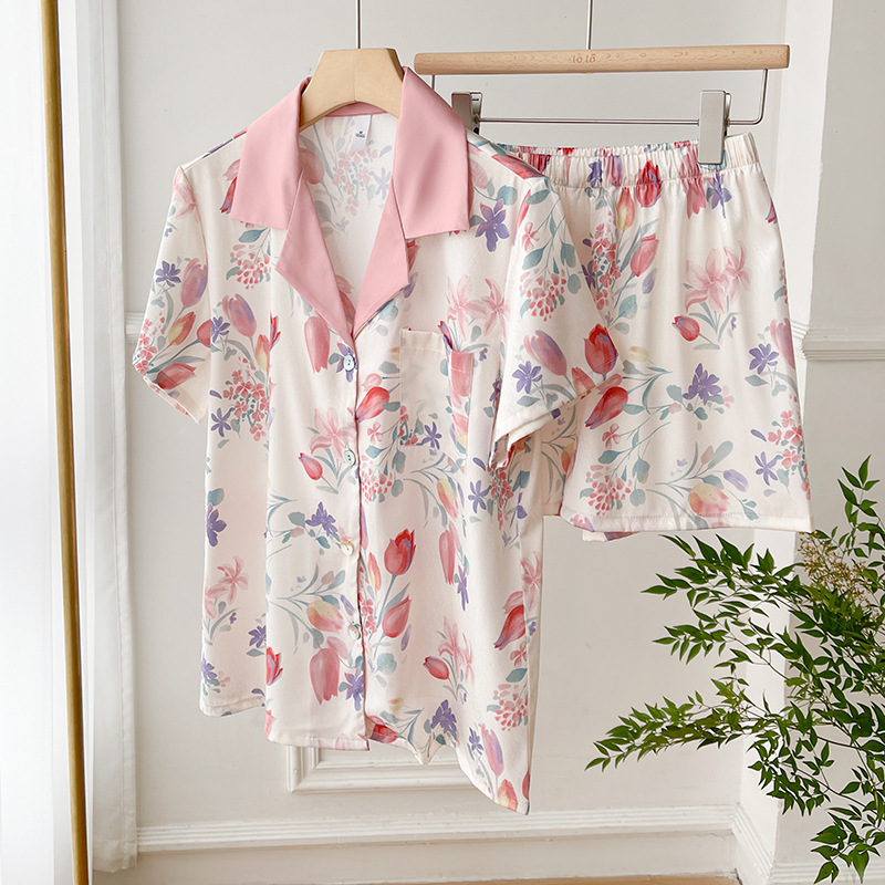 CHINEE Summer Nighty Designs Women's Ice Silk Nightgown Plant Floral Elegant Print Pajamas Short Sleeve Shorts Satin Pj Sets for Women