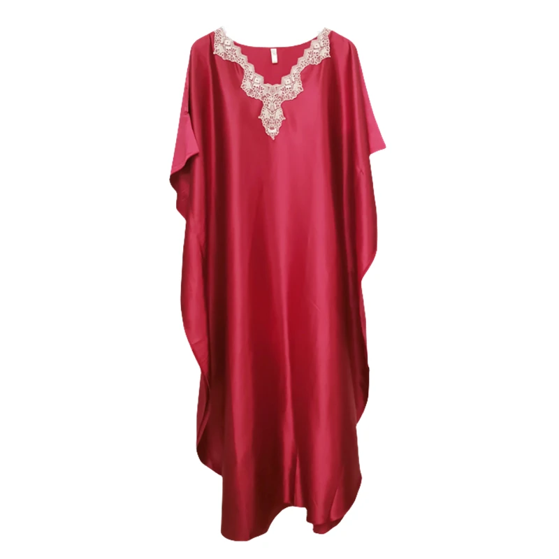 CHINEE Summer Plus Size Sleepwear Women's Silk Pajamas Loose Round Neck Long Nightdress One Piece Solid Color Lace Nightdress
