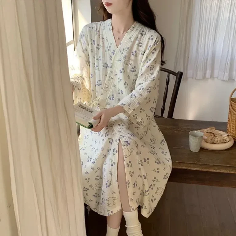 CHINEE Summer Short Sleeve 100% Cotton Print Kimono Robes for Women Sleepwear Bathrobe Night Dress Homewear Home Clothes