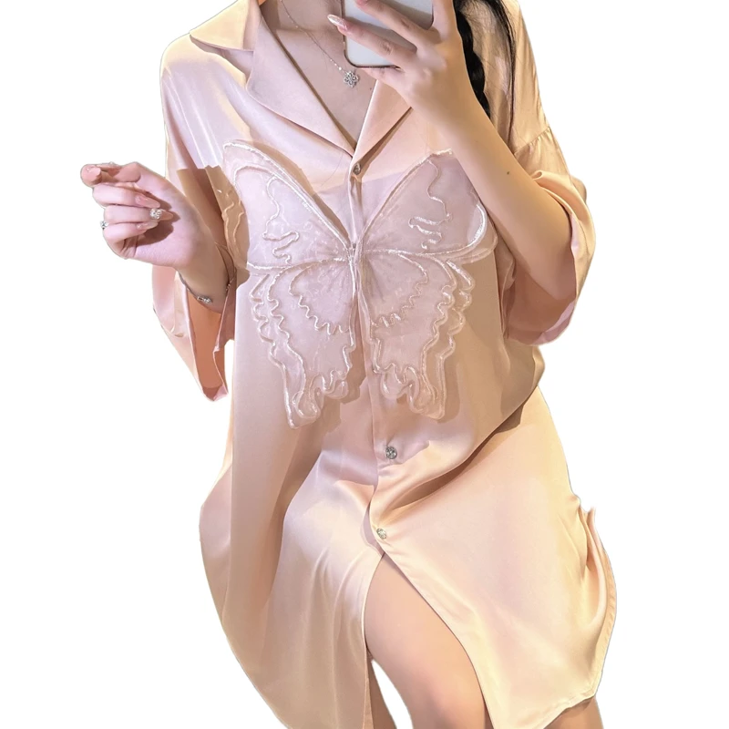 CHINEE Summer Silk Ladies butterfly Nightdress Lapel Plus size Sleepwear Women's Shirt Nightwear Sexy Solid Color Soft Satin Pajamas