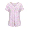CHINEE Summer Sleepwear Top Lace V Neck Short Sleeve Casual Tops Women's Print Floral Pajamas