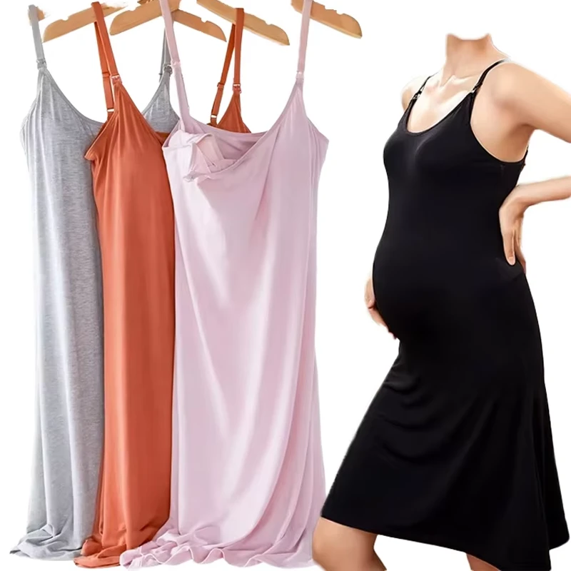 CHINEE Summer Sleeveless Spaghetti Strap Breathable A-Line Knee-Length Breastfeeding Maternity Night Gown for Pregnant Women Stock