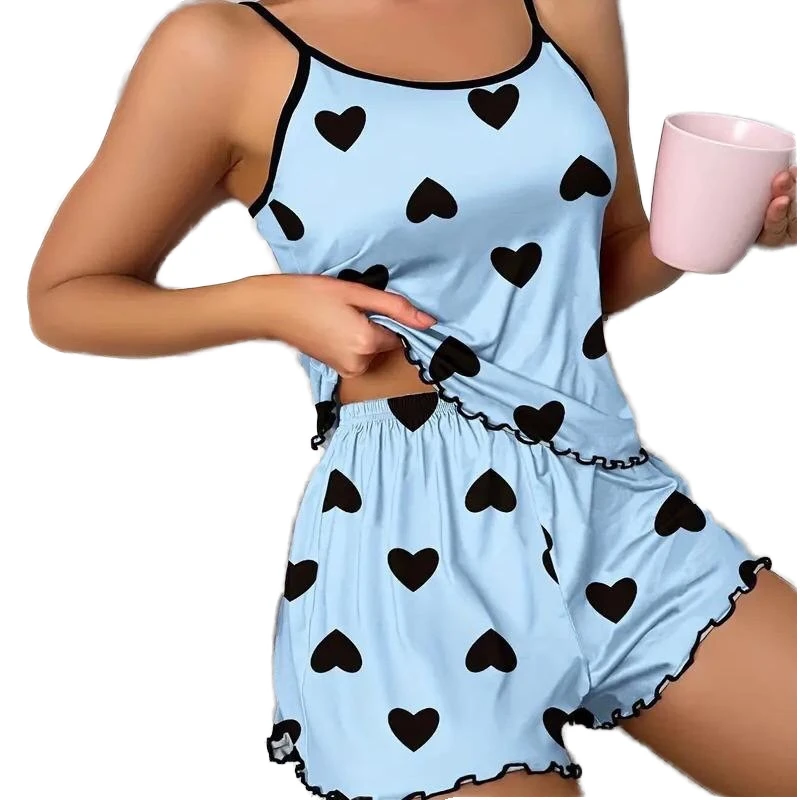 CHINEE Summer Sleeveless Top Short Pants Bow Print 2Pcs Girls Sleepwears Milk Silk Casual Women's Pajamas Set