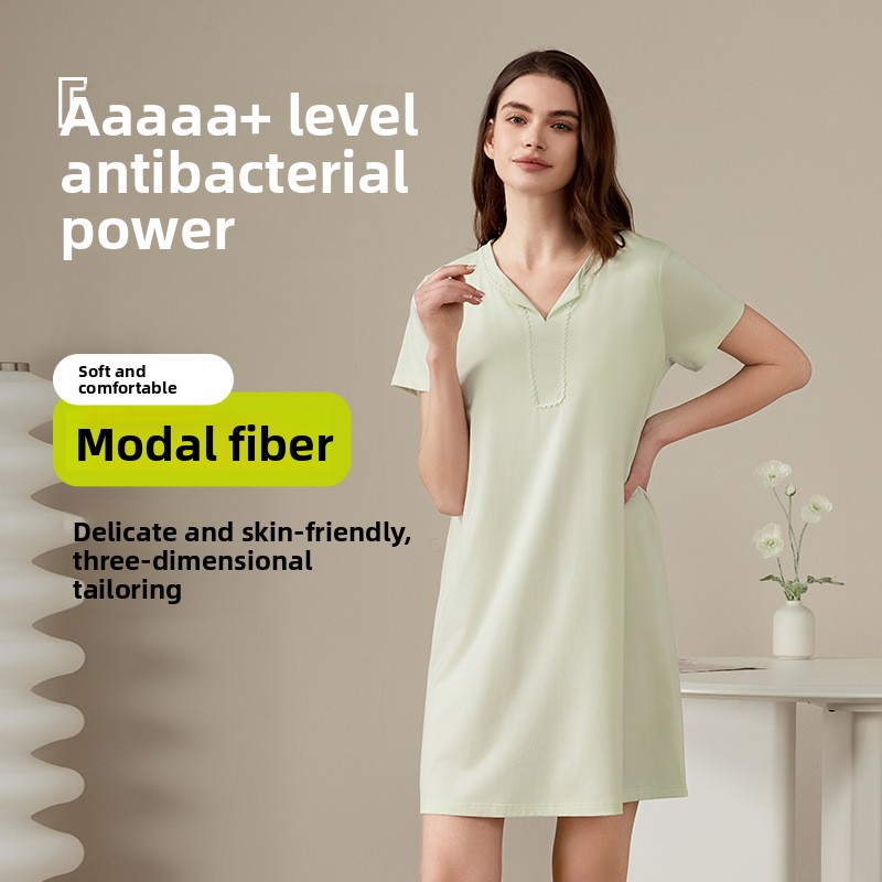 CHINEE Summer Soft Lenzing Modal Padded Cup Bra Nightdress for Women Mid Length Short Sleeve Cotton for Sleepwear