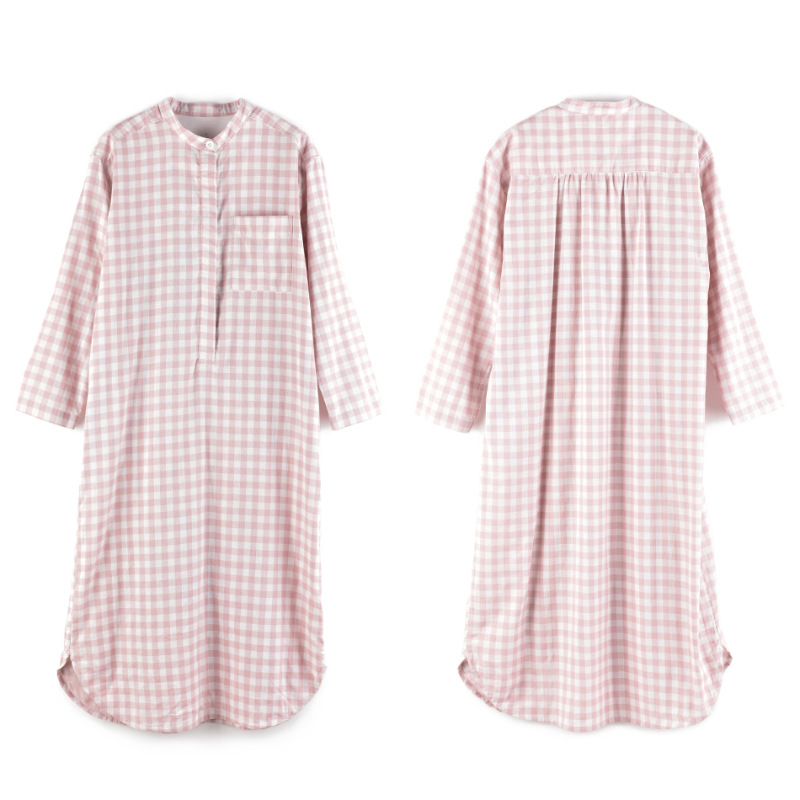 CHINEE Summer Solid Stripe Plaid Women's Breathable Cotton Long Sleeve Knee Length Casual Sleepwear Shirt Gown Pajamas