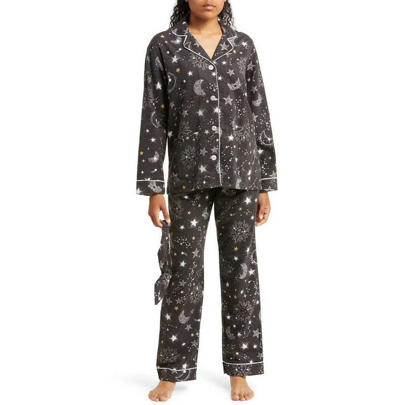 CHINEE Summer Thermal Printed Polyester Cotton Satin Women's Sleepwear Shirts Tops Pajama Sets Elastic Waist Breathable