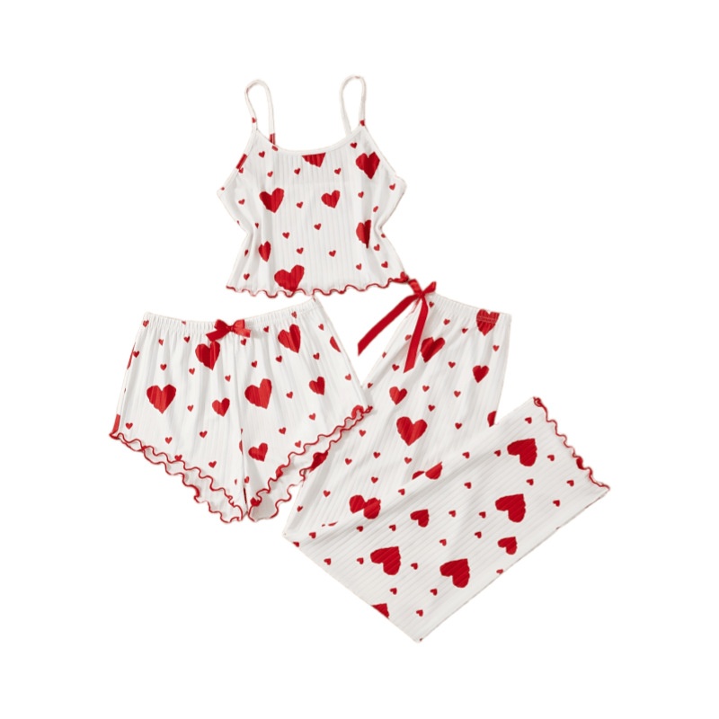 CHINEE Summer Three Piece Set Pure Desire Knitted Ribbed Heart Print Camisole Shorts Elastic Waist Pajamas
