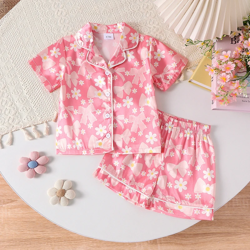 CHINEE Summer Toddler Baby Button Up 2 Pieces Pajamas Short Set Little Girl Turn Down Collar Shirts Tops Kids Sleep Wear