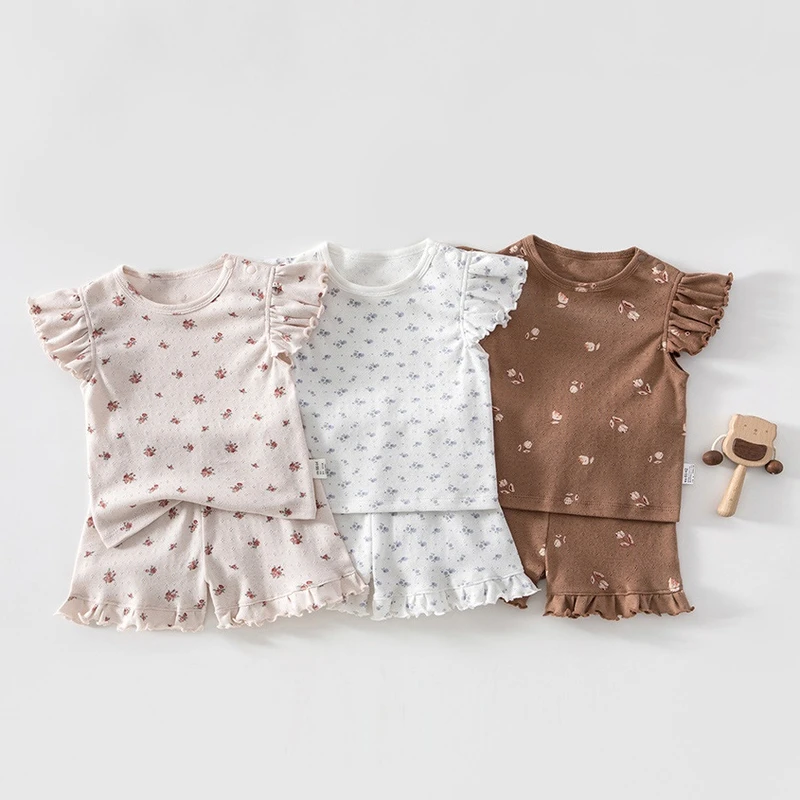 CHINEE Summer Toddler Pajama Set Printed Floral Girl Baby Flutter Sleeve Top Shorts 2 Piece Suit Homewear Cotton Kids Clothes