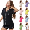 CHINEE Summer Women Sleepwear Short Sleeve Solid Color Turn down Collar Piping Drawstrings Waist Elegant Breathable