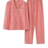 CHINEE Summer Women's Cotton Pajamas Button Tops Trousers Set Elastic Waist Front Breathable Quick Dry Satin Sleepwear
