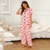 CHINEE Summer Womens Cute Short sleeved Top And Long Pants Polyester Homewear Pajama Set Lapel