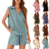 CHINEE Summer Women's Loungewear Set Sleeveless Collared V Neck Top and Shorts Casual Vacation Outfit