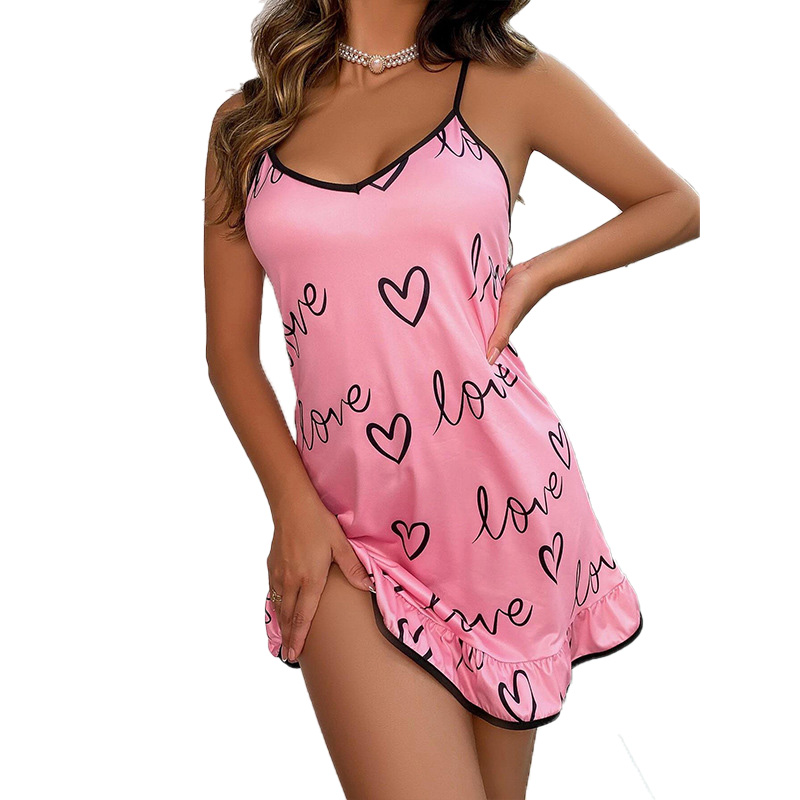 CHINEE Summer Women's Nightdress Sexy Suspenders Skirt Milk Silk Love Printed Pajamas Nightgown
