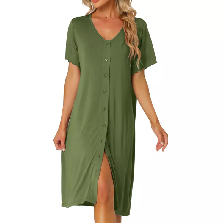 CHINEE Summer Women's Nightgown Button Down Sleep Dress Short Sleeve Soft Modal Loose Pajama Sleepshirt Organic Jersey Women Homewear