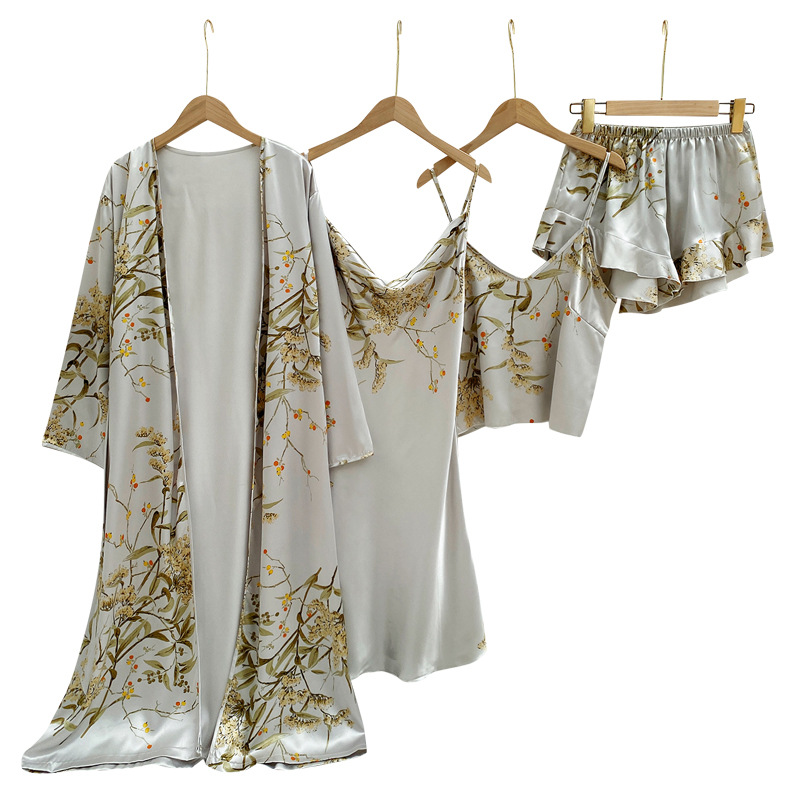 CHINEE Summer Women's Nightgown Silk Halter V neck Printing Nightdress Five Piece Night Suit Long Sleeve Pajamas Home Nightwear