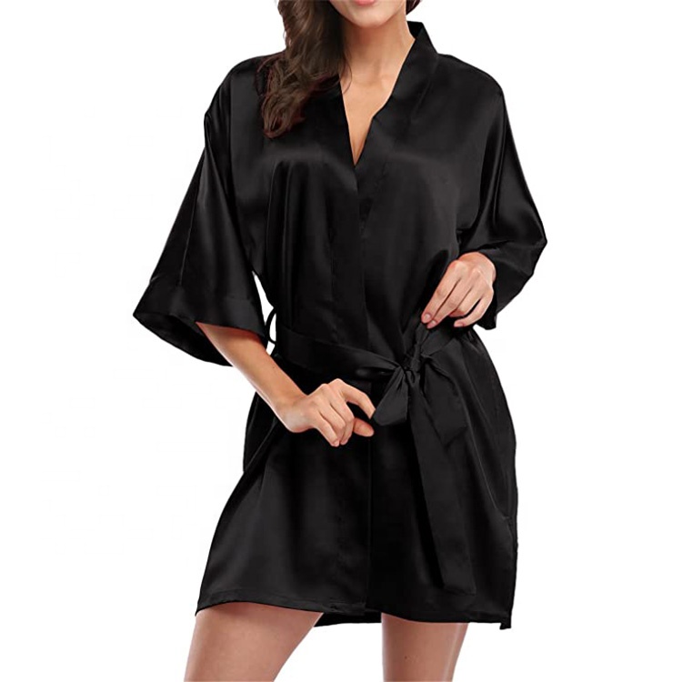 CHINEE Summer Women's Sleep Bottoms Silk Satin Belt Bow Robe Deep V-neck Nighty Sexy Thermal Wearable Sleep Dress