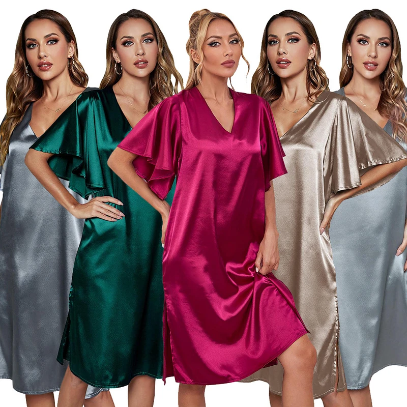CHINEE Summer Women's Sleepwear Short Sleeve Cool Sleeping Dress Nightgown Nightwear Satin Nightdress