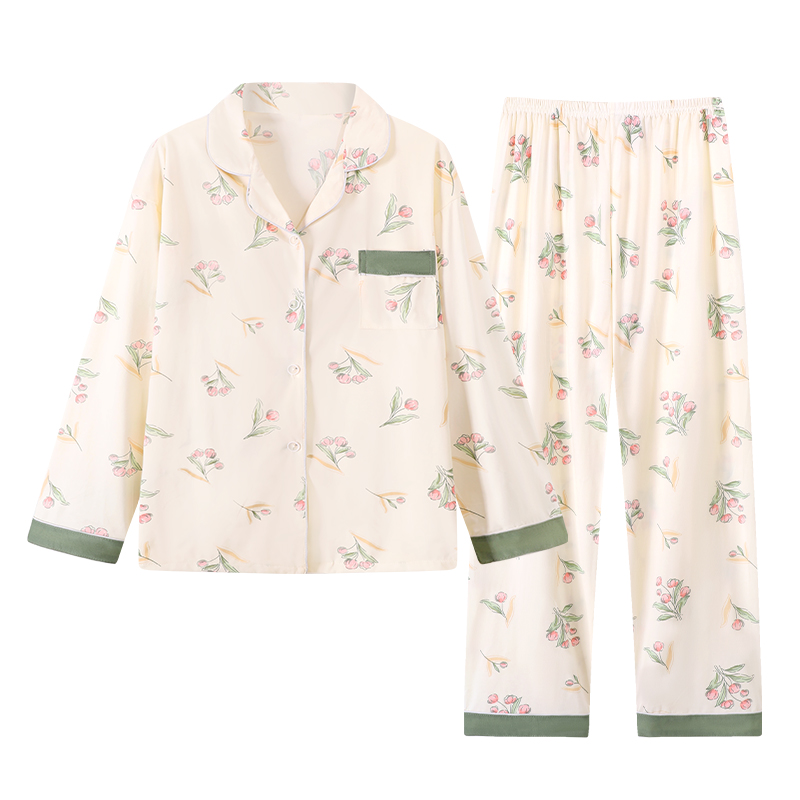CHINEE Summer and Autumn Floral Print Women's Long sleeved Collared Nightgown Loungewear