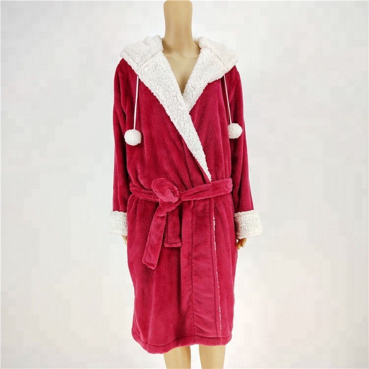CHINEE Super Cozy Coral Pompom Fluffy Robe Sherpa Hood Cuff Women Fleece Bathrobe Ladies Long Nightgown