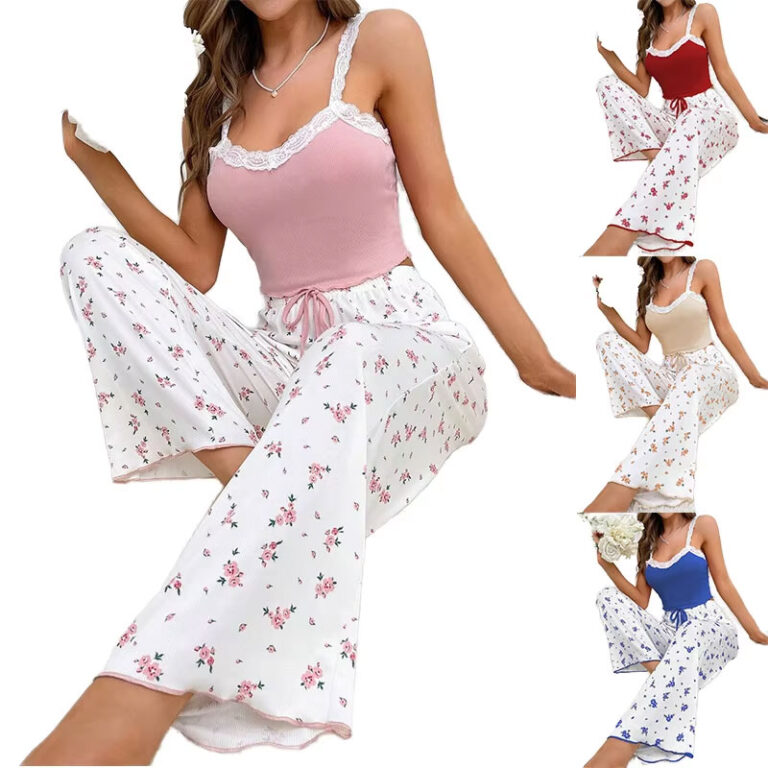CHINEE-Sweet-Cute-Lace-Floral-Printed-Womens-Sexy-Pajamas-Knitted-Comfort-Stretch-Homewear-Casual-Outside-Ladies-Camisole-Pajamas