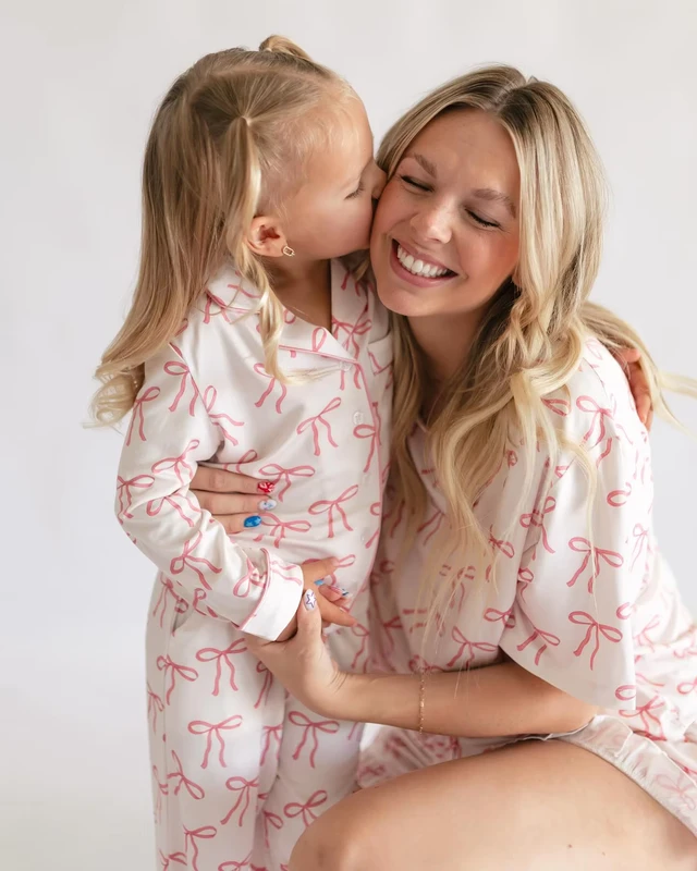CHINEE-Sweet-Family-Matching-Nightwear-Pink-Bow-Pattern-Mommy-and-Me-Comfortable-Pajamas