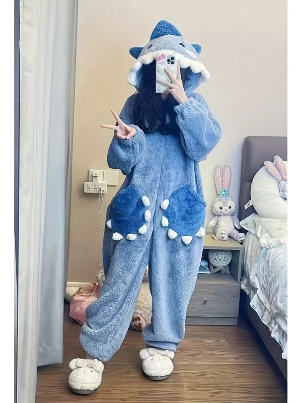 CHINEE Sweet and Cute Casual Soft Onesie Shark Hooded Long Sleeves Pajamas for Women in Autumn Winter Wearable Outside