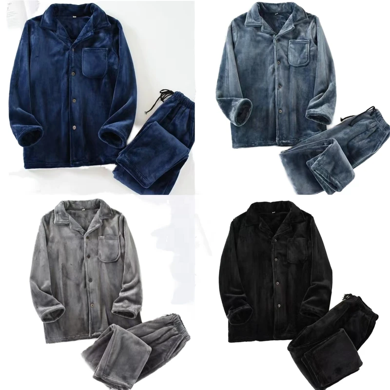 CHINEE Thickened Flannel Home Men's Fashion Thermal Breathable Quick Dry 100% Polyester Long Sleeve Robe Set