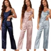 CHINEE Thin Ice Silk Breathable Solid Summer Satin Women's Elastic Waist Pajama Pants