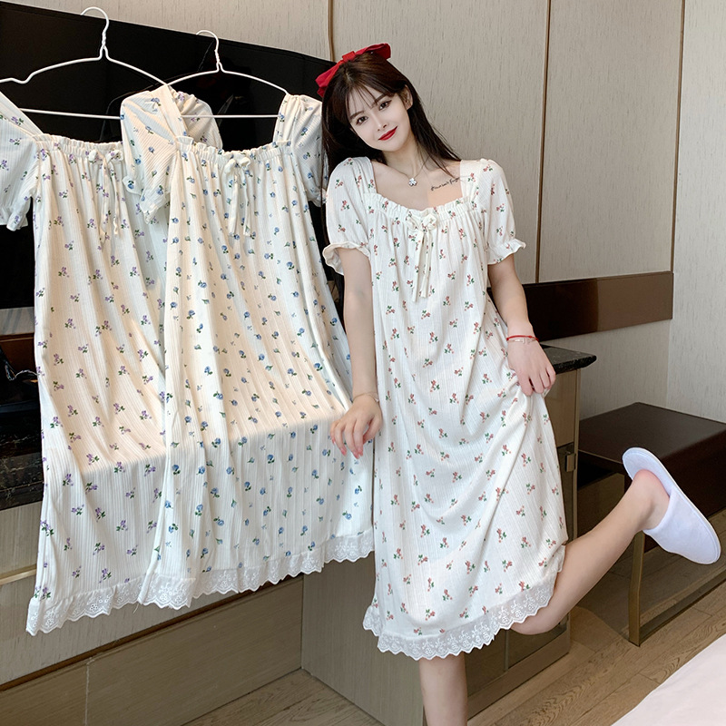 CHINEE Thin Style Sweet Floral Printing Lady Nightgown Loose Breathable Cotton Women's Pajamas Can Worn Externally