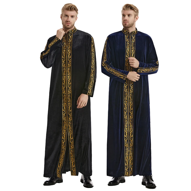 CHINEE Thobe Men Muslim Muslim Robe Middle East Moroccan Thobe Golden Velvet Embroidered Robe for Men