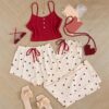 CHINEE Three Piece Printed Vest Shorts and Bow Drawstring Pants Casual Women's Cute Heart Shaped Print Paired with Home Pajamas Set