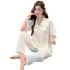 CHINEE Three Piece Women's Summer Night Luxurious Cardigan Pajamas Set Full Length Ice Silk Butterfly Jacquard Three Quarter Sleeves