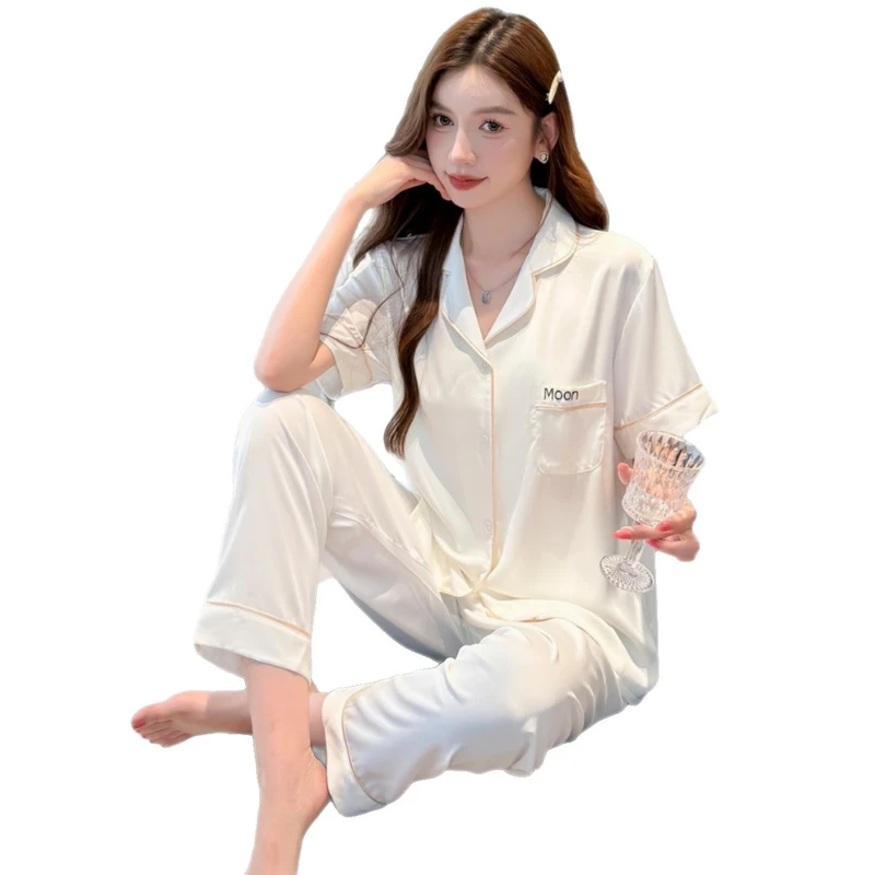 CHINEE Three Piece Women's Summer Night Luxurious Cardigan Pajamas Set Full Length Ice Silk Butterfly Jacquard Three Quarter Sleeves