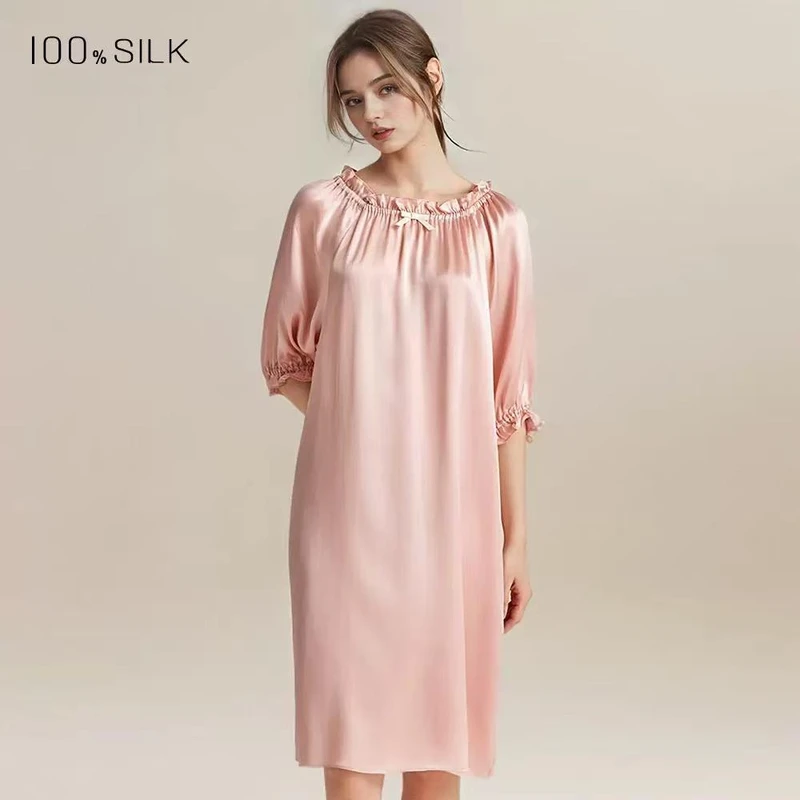CHINEE Three Quarter Sleeve Elegant Silk Sleep Dress 100% Mulberry Silk Super Soft Nightgown Pure Silk Pajama Dress with Sleeves
