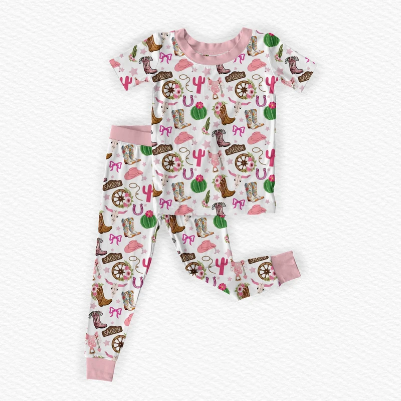 CHINEE Toddler Bamboo Viscose Short Sleeve Pajama Set Western Cowgirl Farm Animal Prints Breathable 2 Piece for Kids