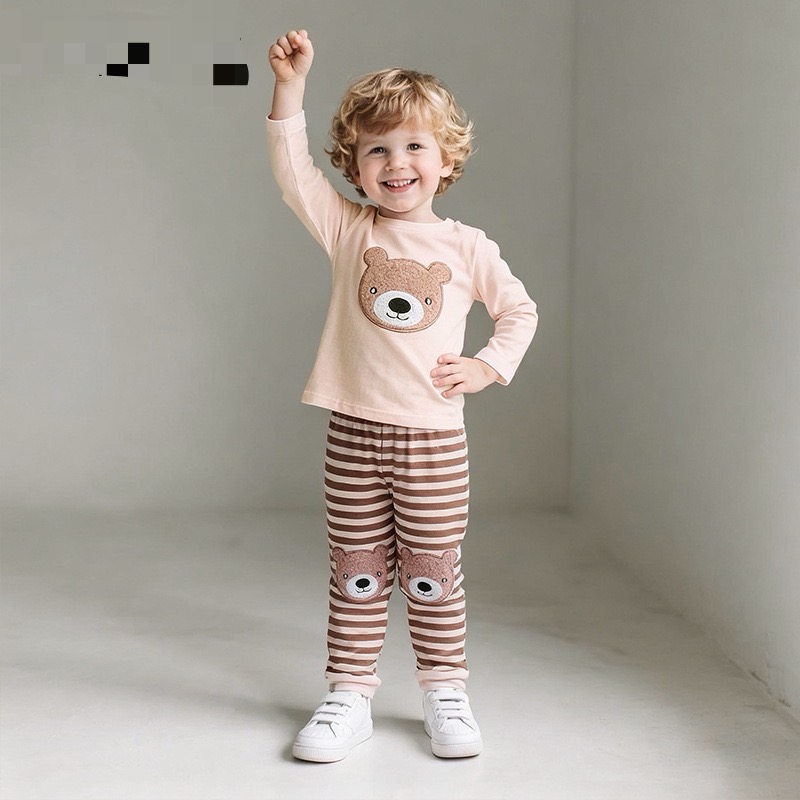 CHINEE Toddler Boys 2 Piece Cartoon Bear Pajama Set Long Sleeve Crewneck Cute Bear Appliquer + Joggers Kids Loungewear Sleepwear