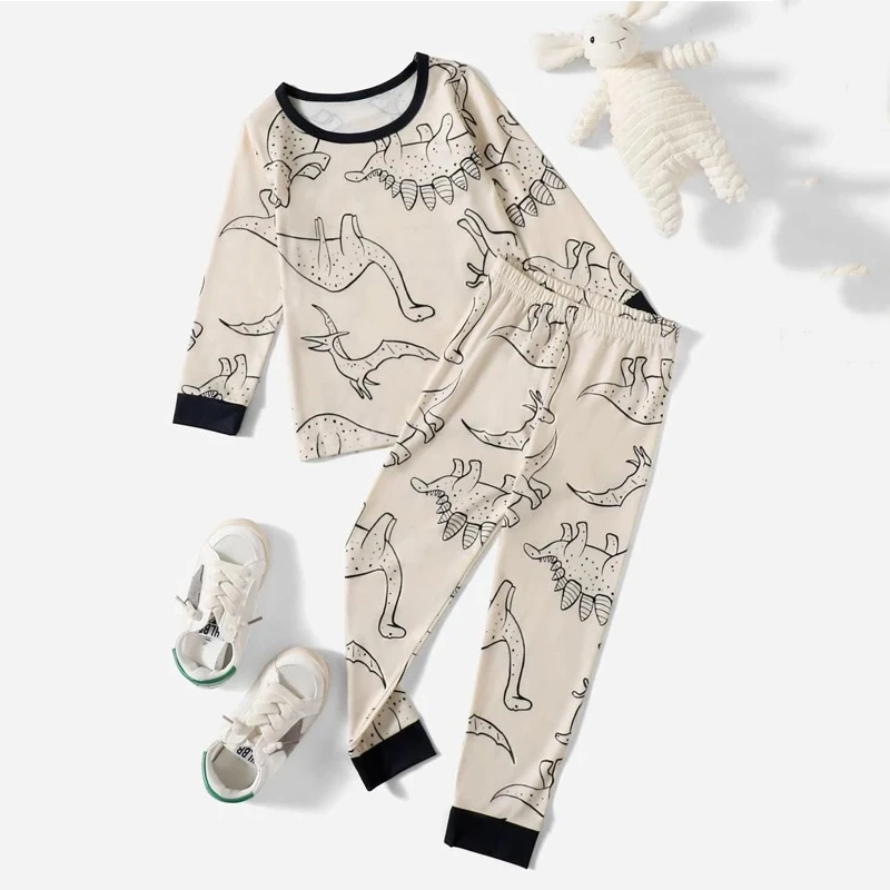 CHINEE Toddler Boys Dinosaur Print Contrast Trim Cotton Pajamas Kids Pyjamas Kids