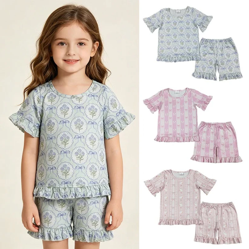 CHINEE Toddler Girls Ruffle Pajamas Set Bow & Floral Print Short Sleeve Top and Shorts 2PCS Boutique Outfits