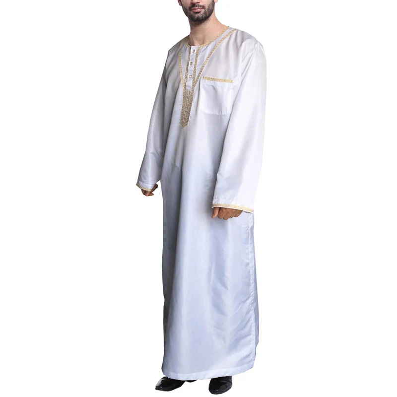 CHINEE Traditional Men's Arab Thobe Solid Cotton Linen Abaya Dress Long Sleeves Pockets Casual Ethnic Jubba Style Loose Fit Autumn