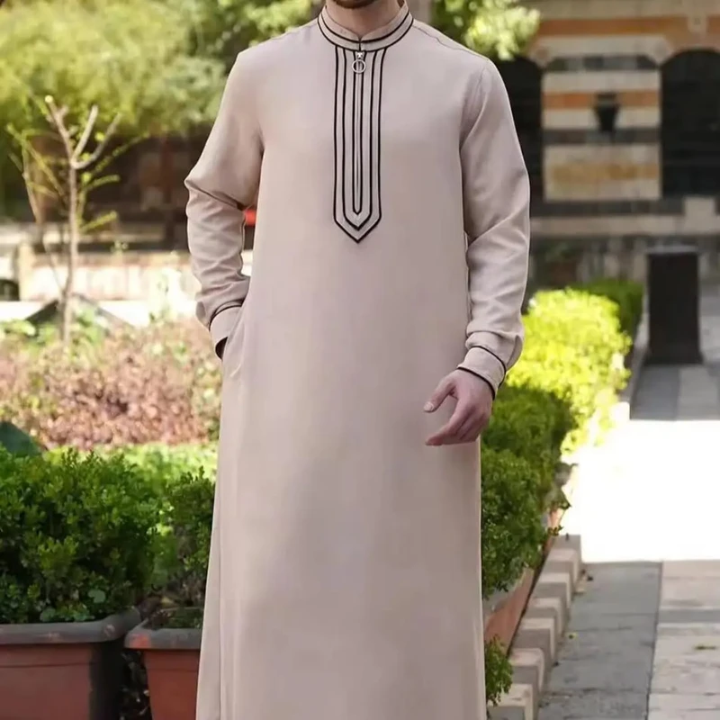 CHINEE Traditional Men's Arab Thobe Solid Polyester Abaya Dress Long Sleeves Pockets Casual Ethnic Jubba Style Beaded Four Way Stretch