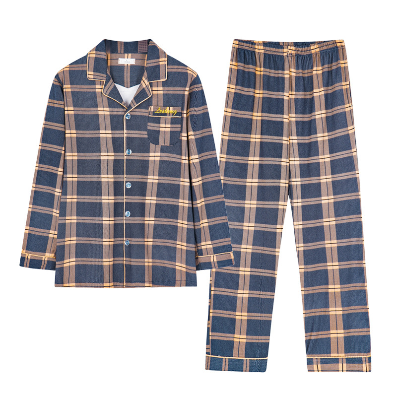 CHINEE Turn-down Neck Pajamas Set, Men's Long Sleeve Cardigan Set, 100% Cotton, Autumn, Home Clothing